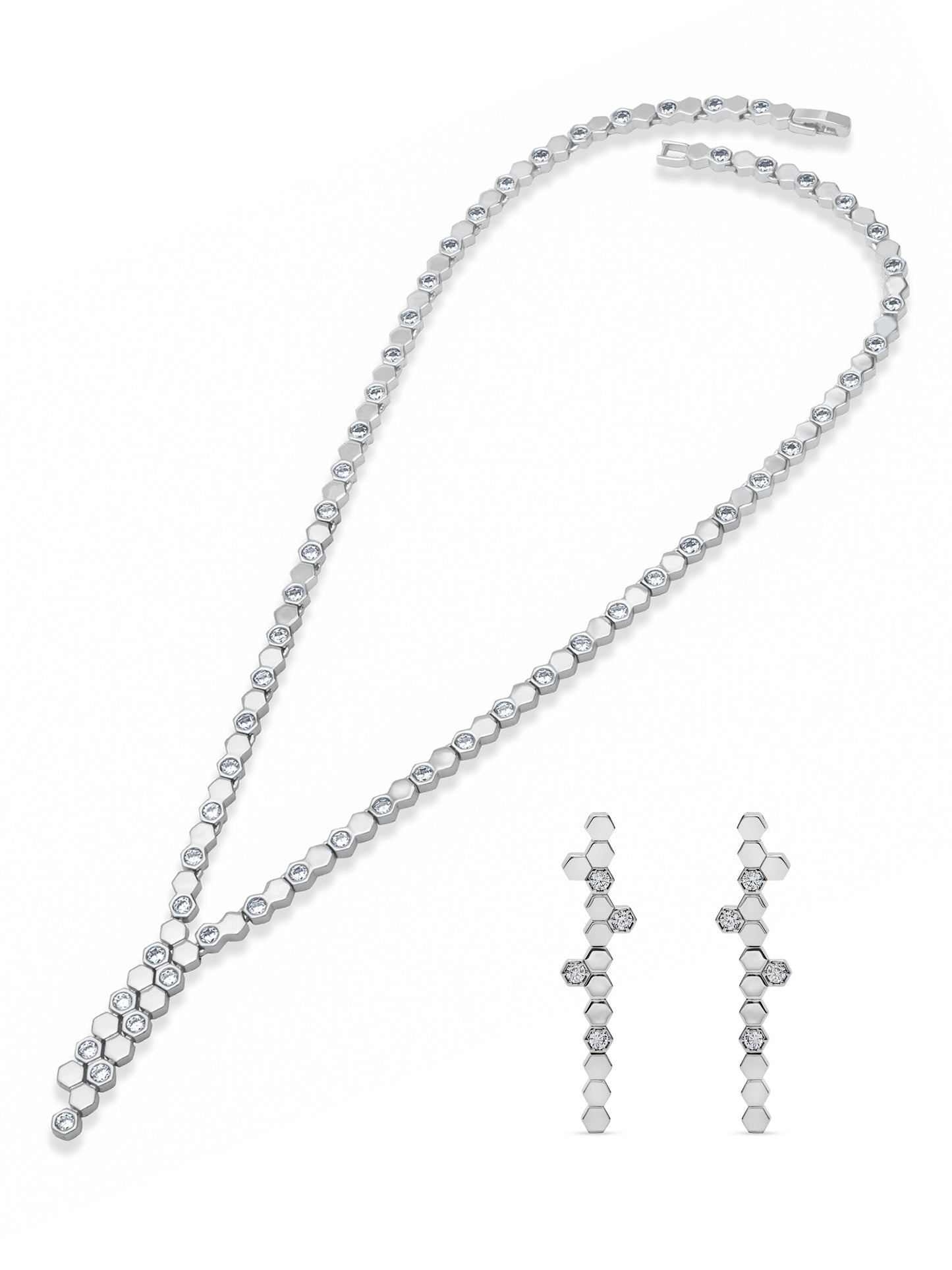 Hexa Charm Twin Drop Necklace Set - Rhodium