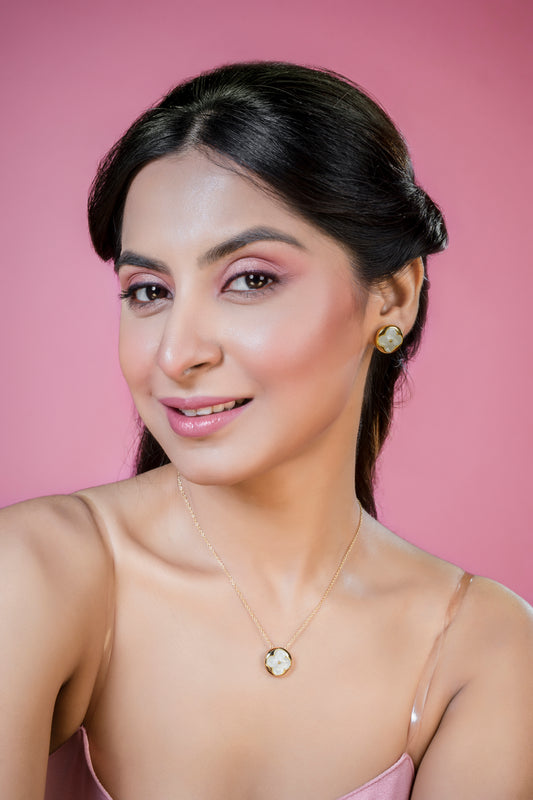 Gold & Mother Of Pearl LV Pendent Set