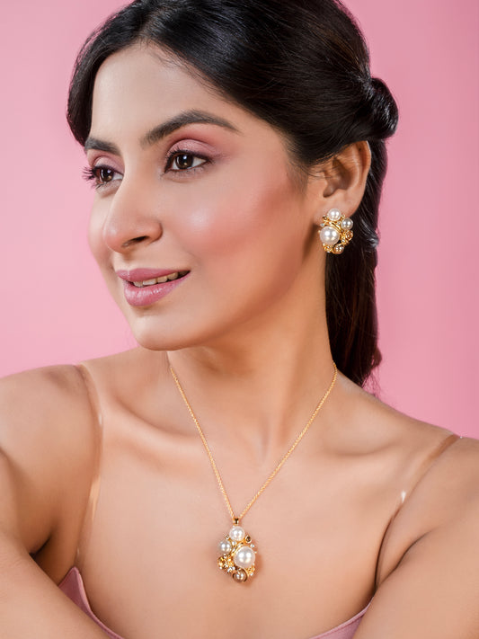 Krrystafee 18K Gold Plated Pearl Cluster Pendant Necklace Set for Women | Bridal Gifting