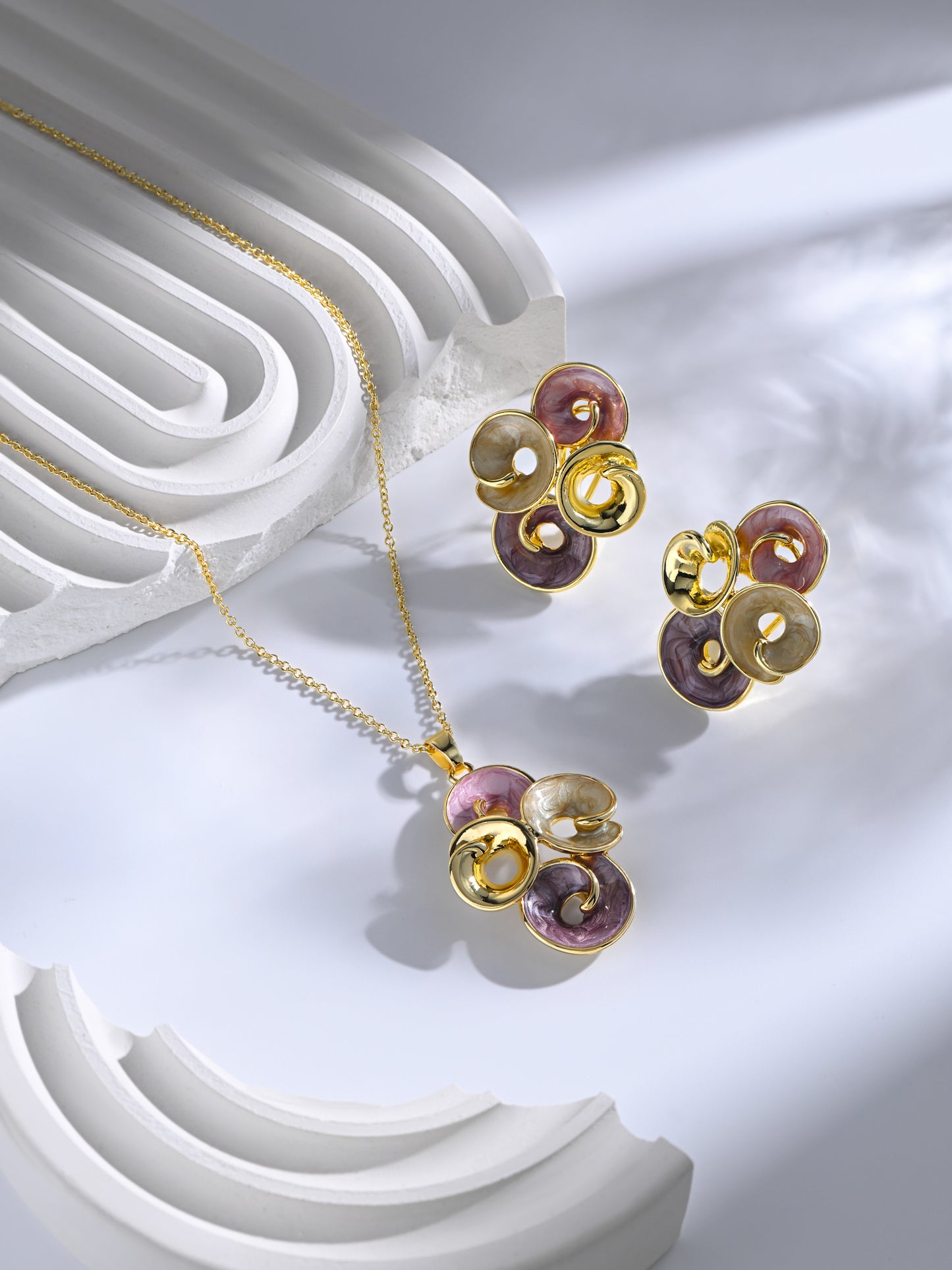 Krrystafee Gold Plated Enamel Petal Cluster Pendant Necklace Set for Women | Demi Fine Jewellery
