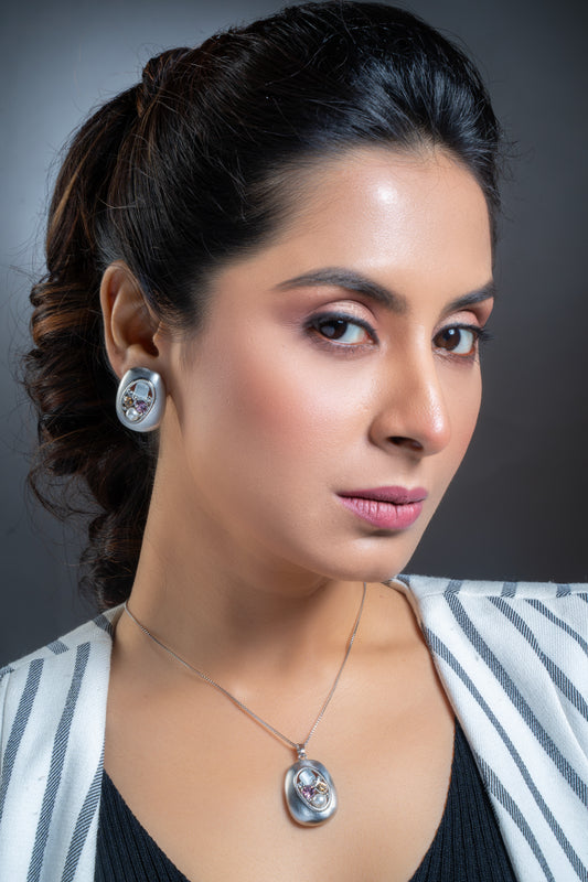 Krrystafee Brushed Steel 18 K Plated Stone Pendant Necklace Set for Women | Demi Fine Jewellery