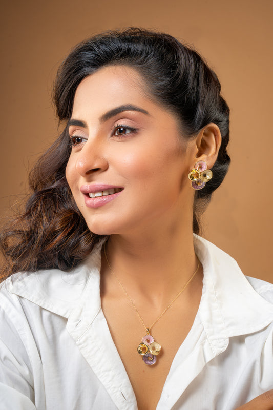 Krrystafee Gold Plated Enamel Petal Cluster Pendant Necklace Set for Women | Demi Fine Jewellery