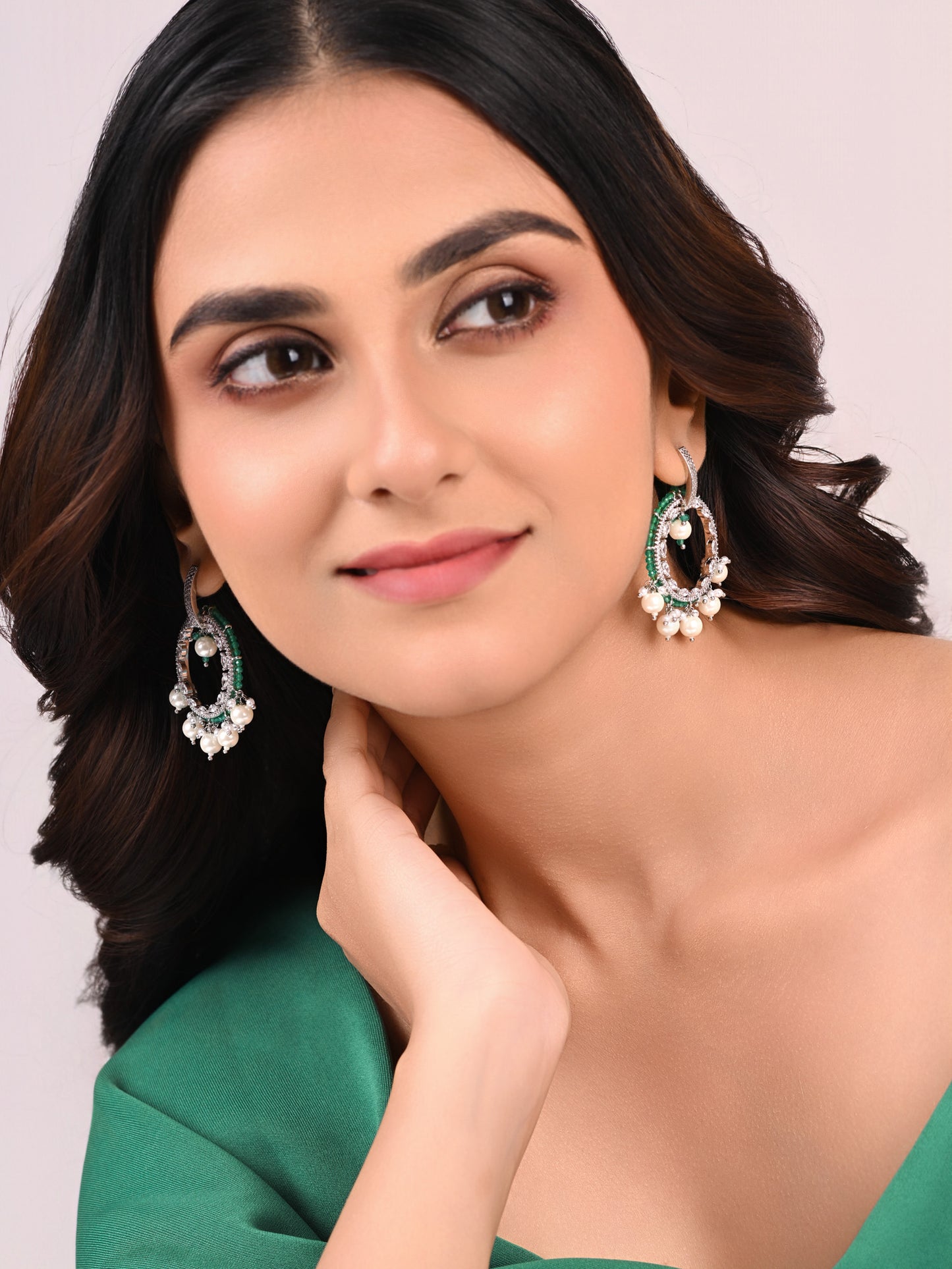 Diamond Earring with Green Bead & Dangling Pearls