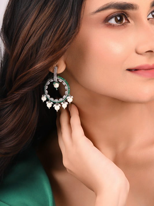 Diamond Earring with Green Bead & Dangling Pearls