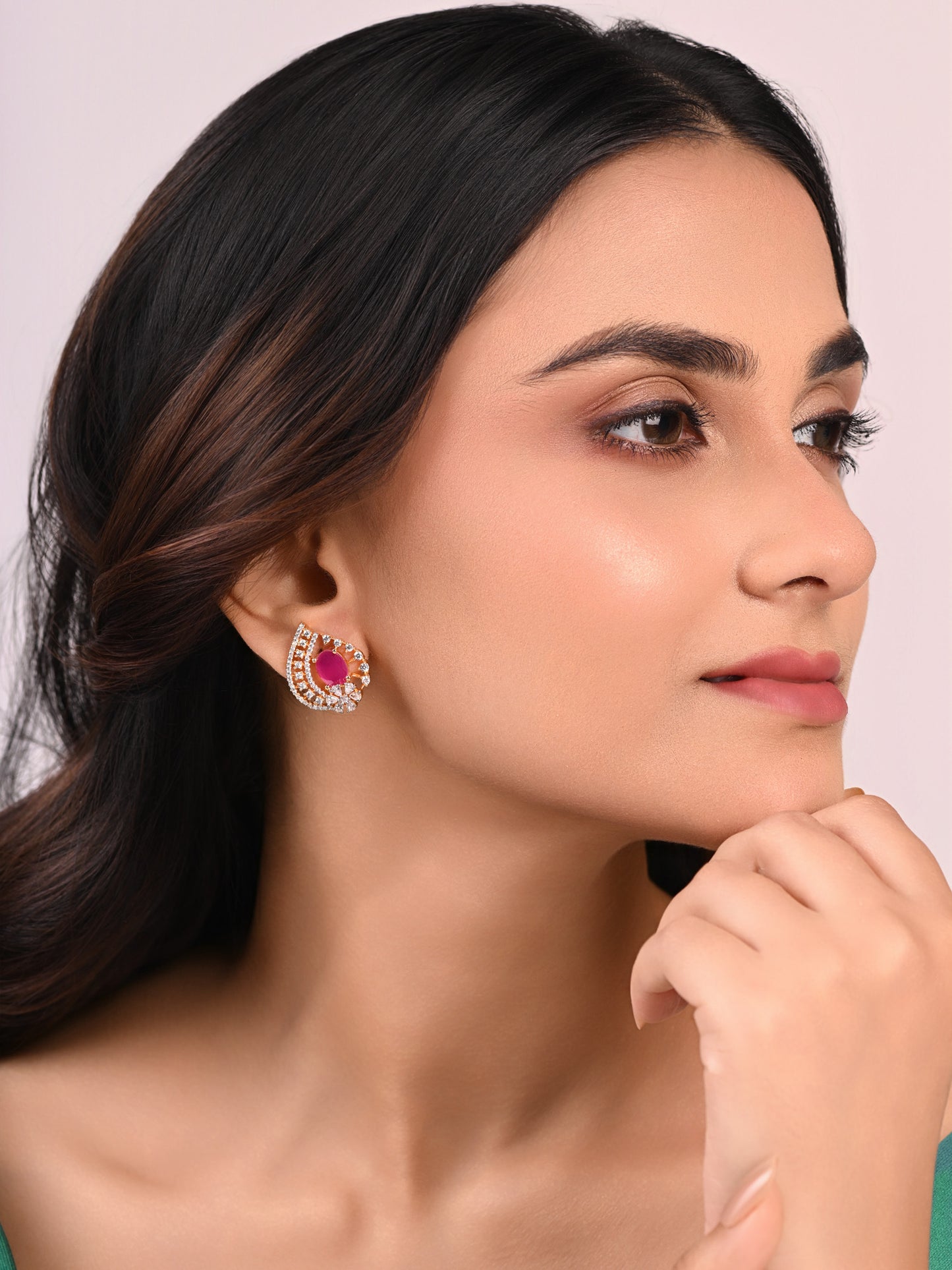 Krrystafee 18K Gold Plated Ruby CZ Diamond Leaf Stud Earrings for Women | Festive Daily Wear