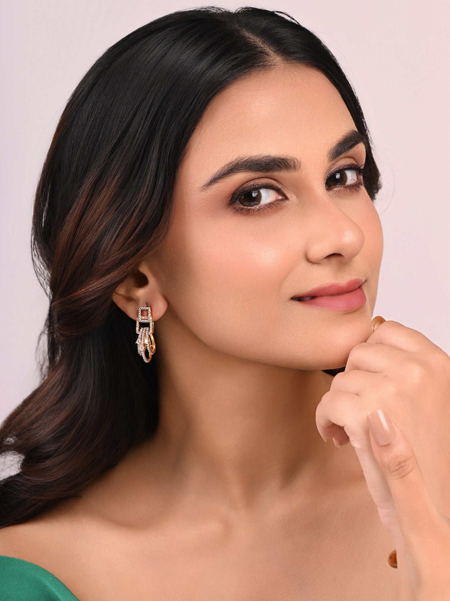 Interlocking Squares with Triple Diamond Line Earrings