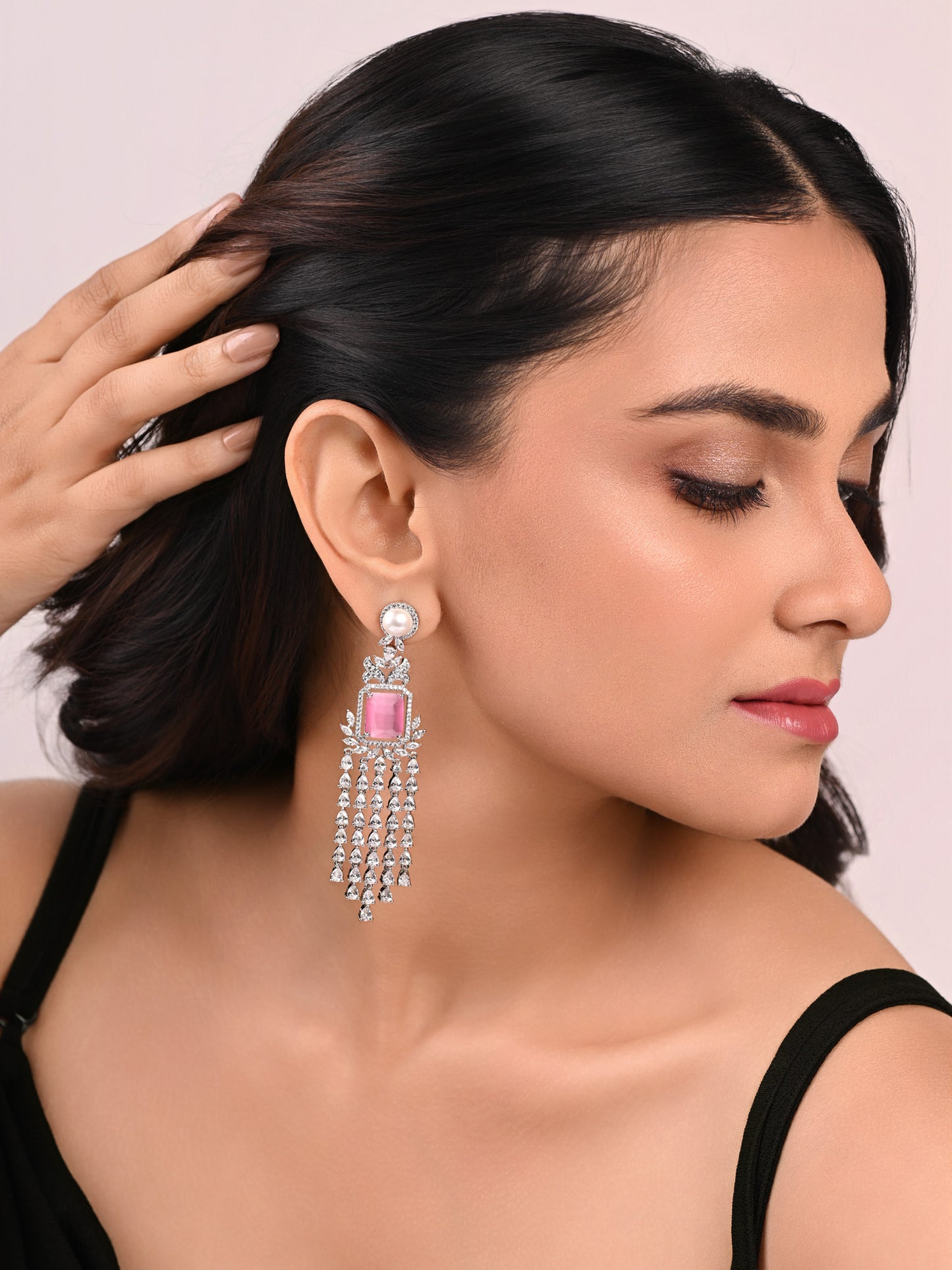 Krrystafee 18K Plated Pink Stone CZ Diamond Shower Dangler Earrings In Silver Finish for Women | Party Wear