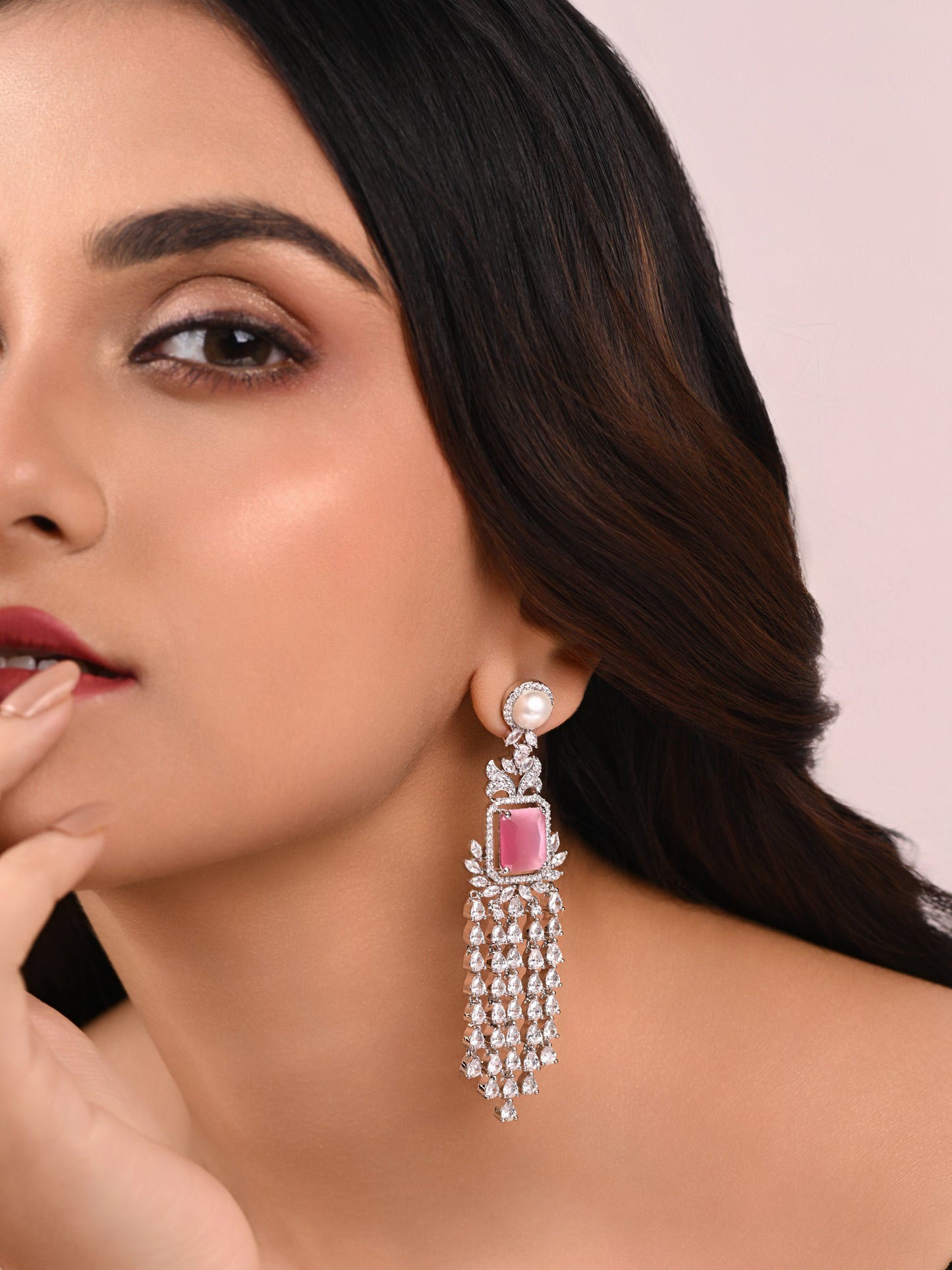 Krrystafee 18K Plated Pink Stone CZ Diamond Shower Dangler Earrings In Silver Finish for Women | Party Wear