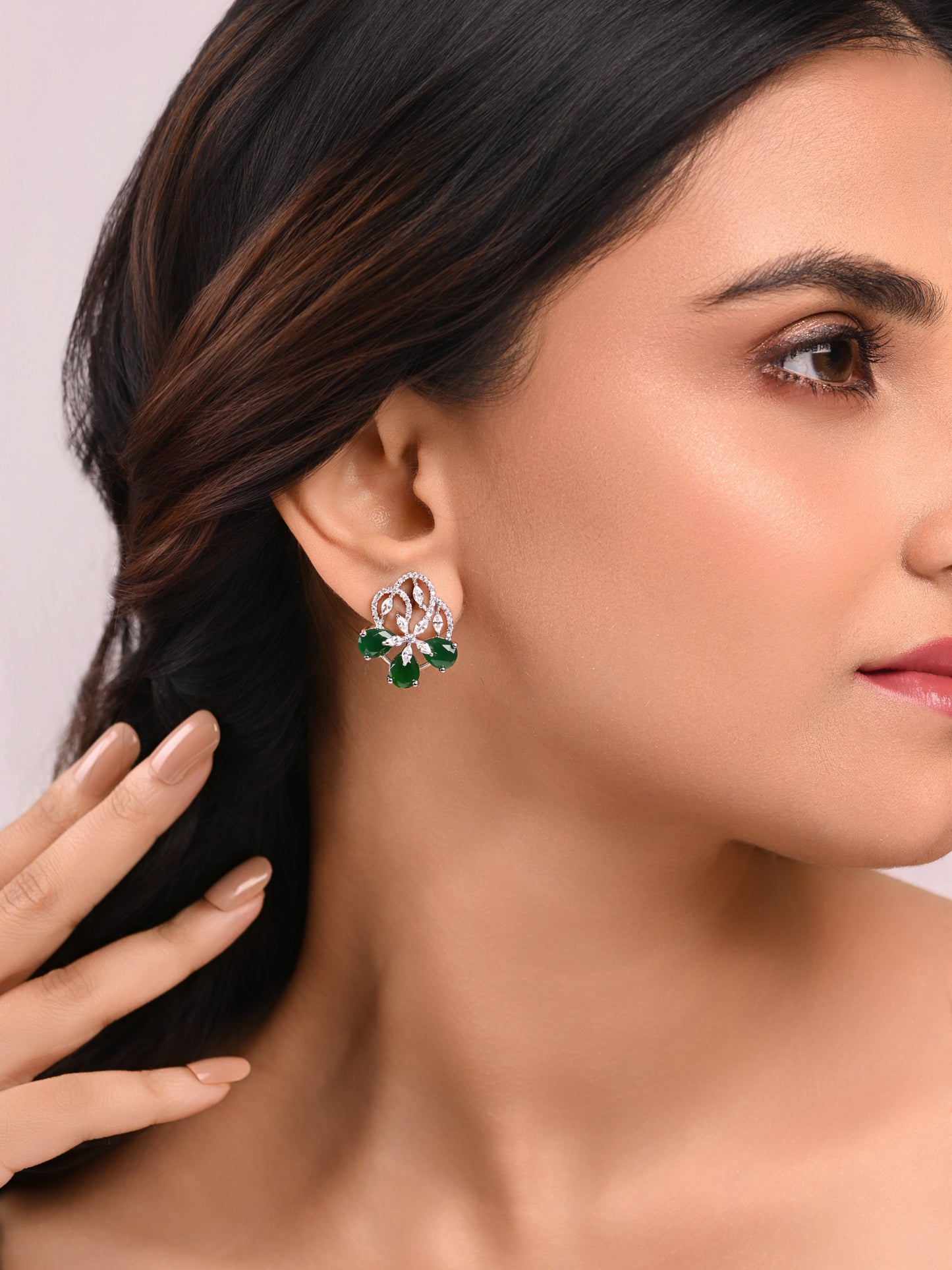 Krrystafee 18K Gold Plated Entangled Emerald CZ Stud Earrings In White Finish for Women | Daily Wear