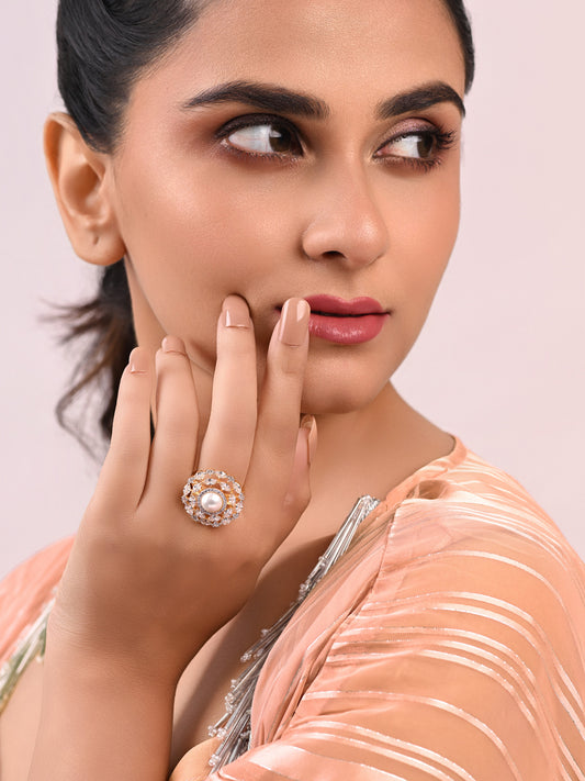 Pearl in Diamond Orbits Adjustable Ring