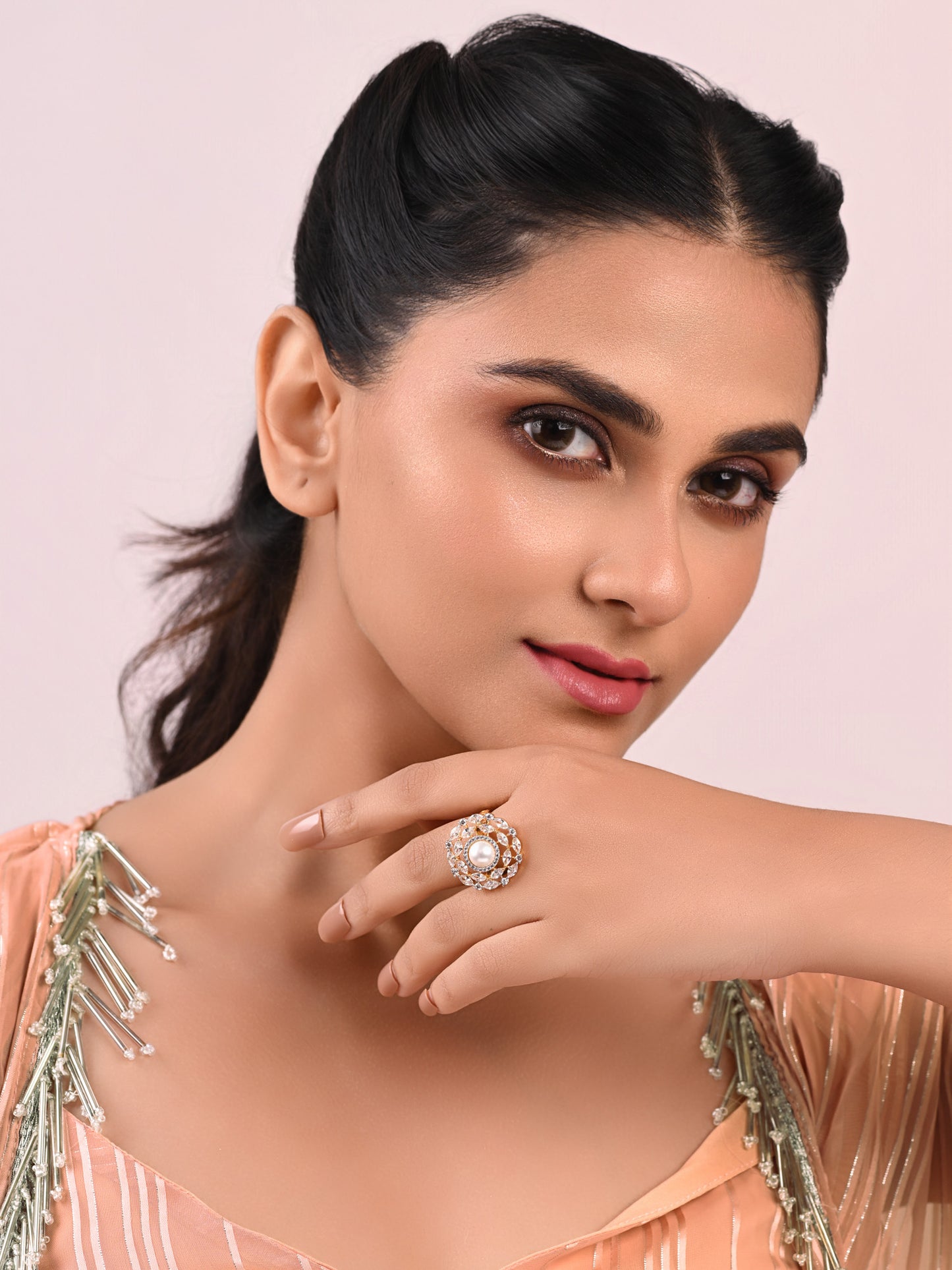 Pearl in Diamond Orbits Adjustable Ring