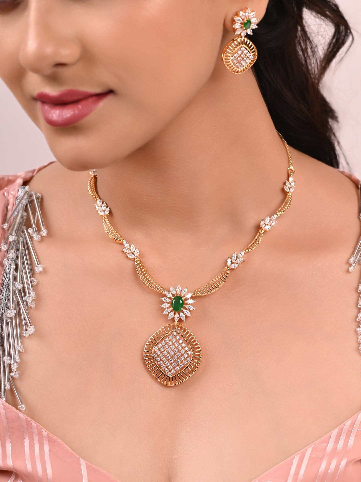 Linked Chain with Emerald & Diamond Pendent Set