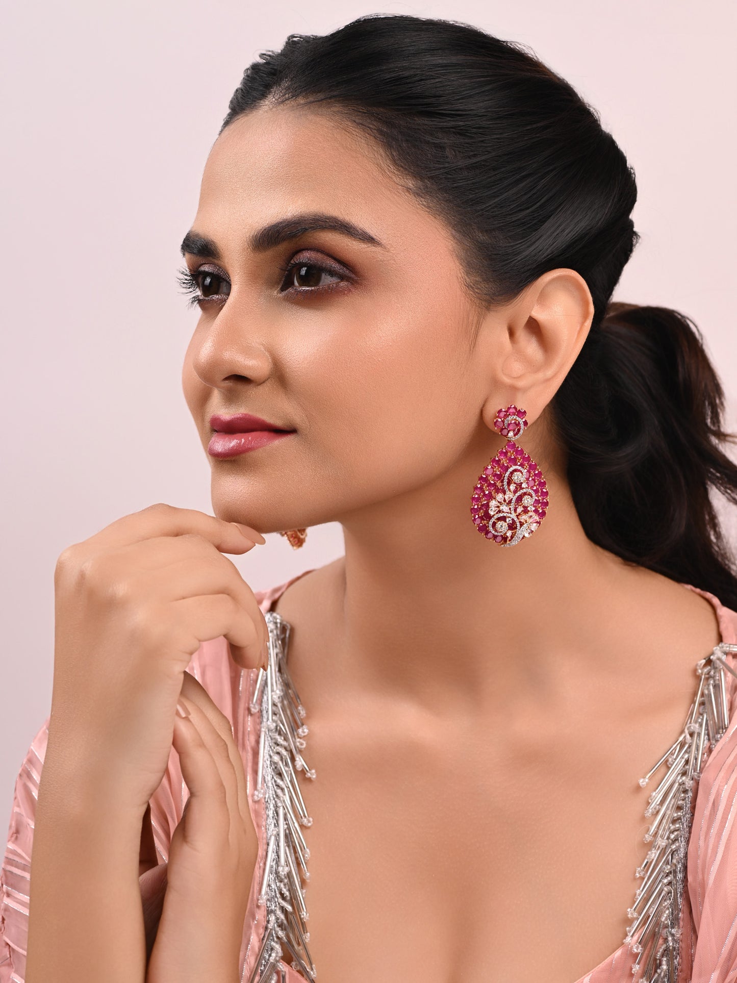Krrystafee 18K Gold Plated Italian Ruby CZ Diamond Vine Dangler Earrings for Women | Evening Wear