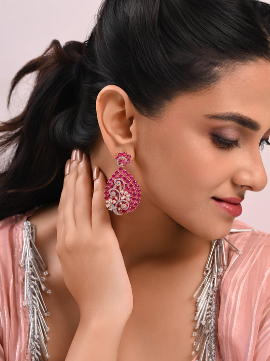 Krrystafee 18K Gold Plated Italian Ruby CZ Diamond Vine Dangler Earrings for Women | Evening Wear
