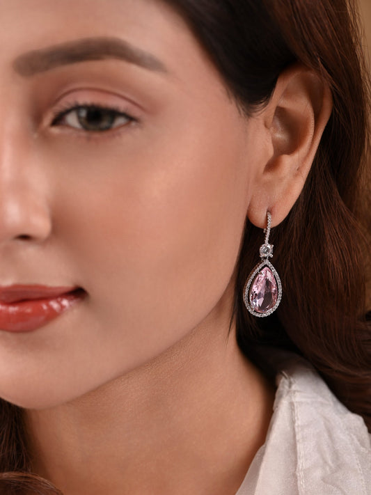 Krrystafee 18K Plated Pink Ultralight CZ Dangler Earrings In silver Finish for Women | Daily Office Wear