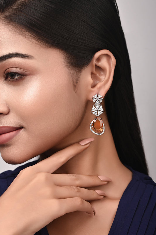Krrystafee 18K Plated Champagne Crystal CZ Earrings for Women | Evening Party Wear