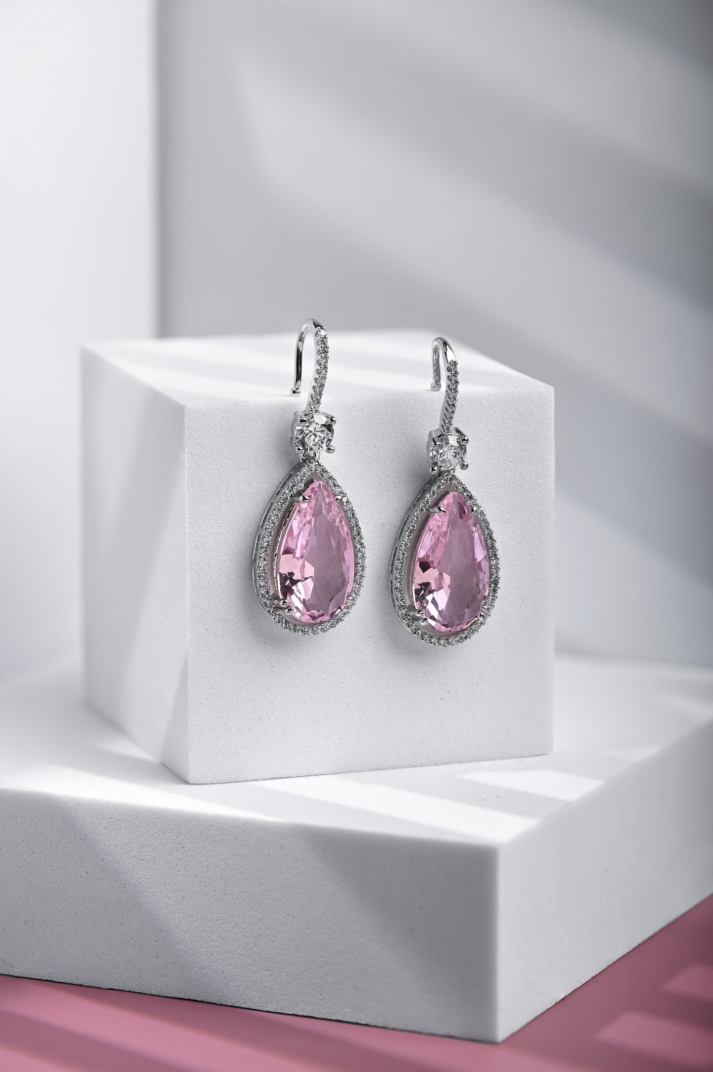 Krrystafee 18K Plated Pink Ultralight CZ Dangler Earrings In silver Finish for Women | Daily Office Wear