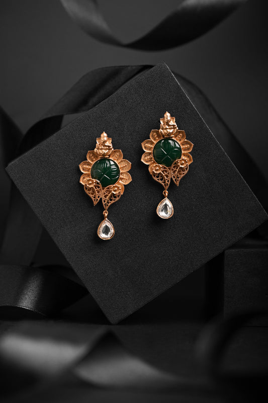 Krrystafee 18K Gold Plated Temple Fusion Jadau Earrings for Women | South Indian Bridal Jewellery