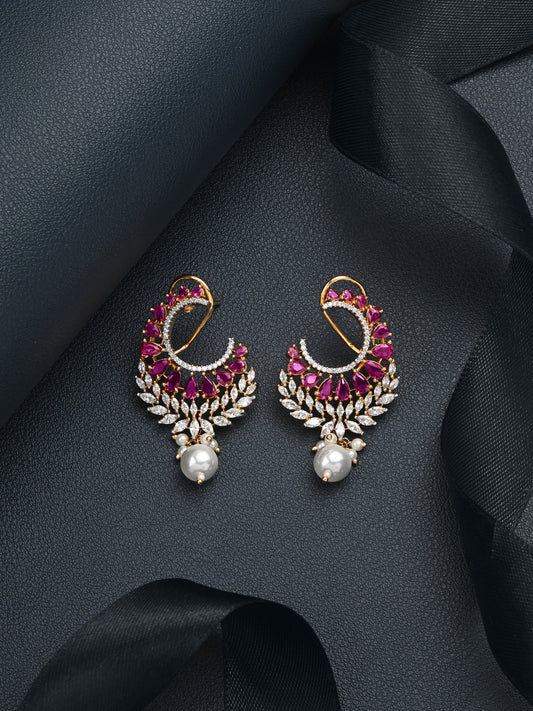 Krrystafee 18K Gold Plated Ruby Pearl CZ Stud Earrings for Women | Festive Bridal Wear