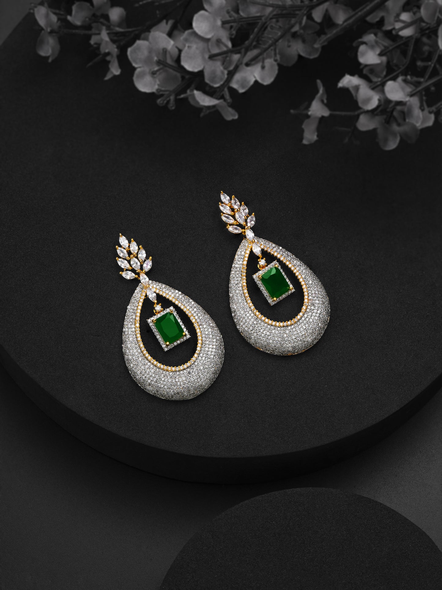 Krrystafee 18K Gold Plated Emerald Stone CZ Diamond Dangling Earrings for Women | Festive Wear