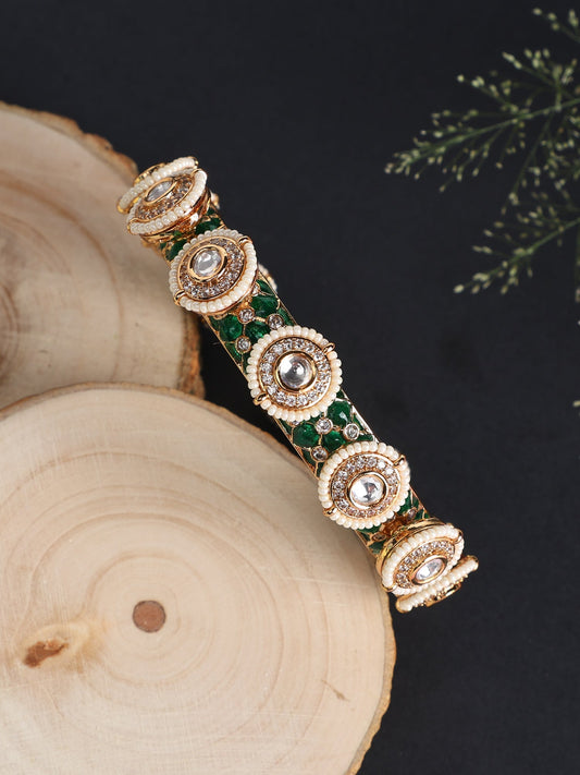 Krrystafee 18K Gold Plated Emerald Polki Studded Kada Bangle for Women | Bridal Traditional Jewellery