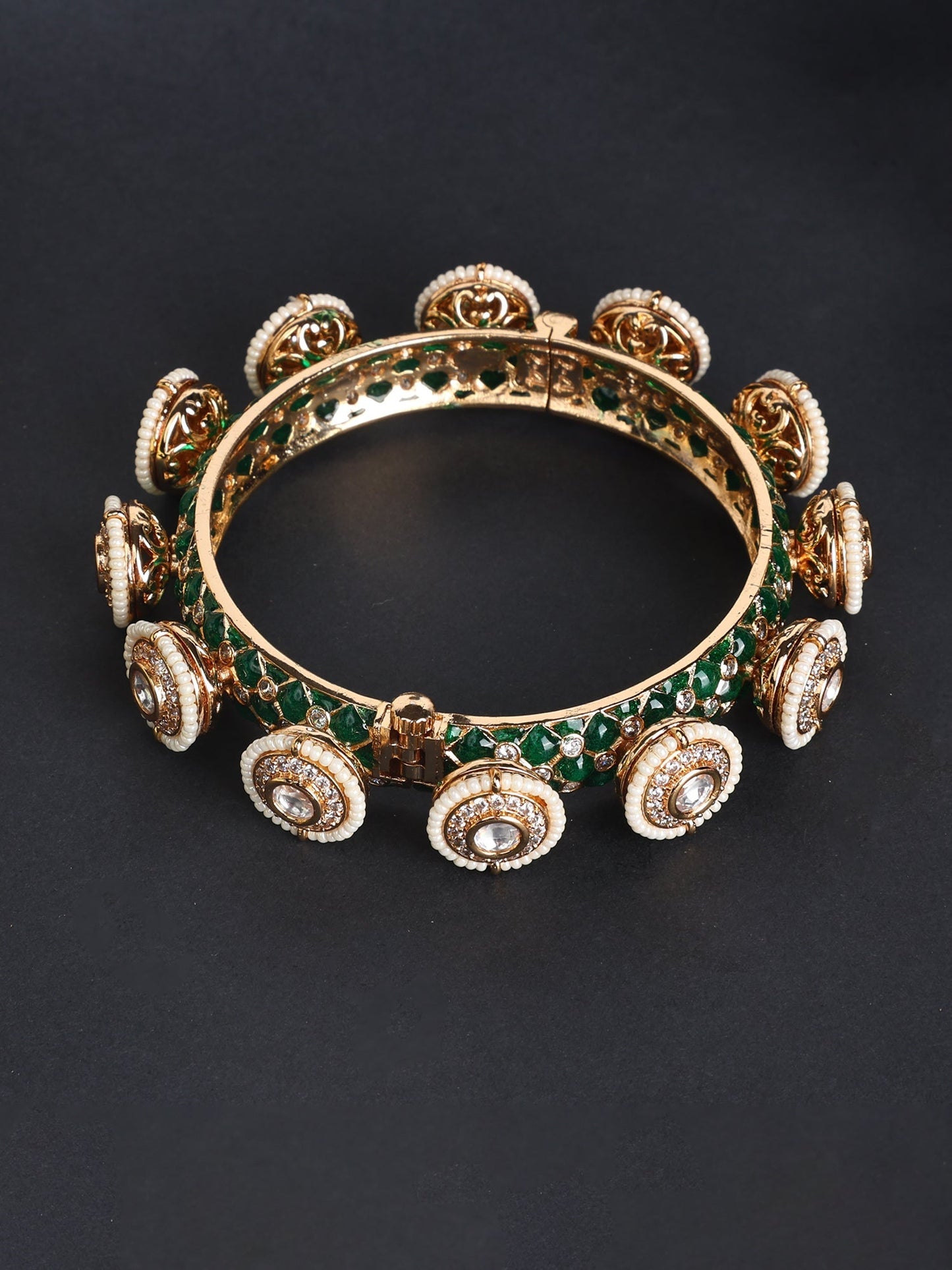 Krrystafee 18K Gold Plated Emerald Polki Studded Kada Bangle for Women | Bridal Traditional Jewellery