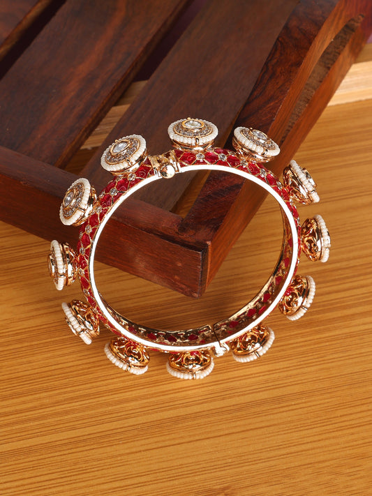 Krrystafee 18K Gold Plated Ruby Polki Studded Kada Bangle for Women | Traditional Bridal Jewellery