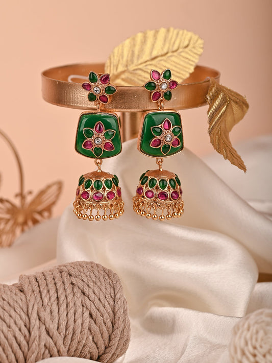Krrystafee 18K Gold Plated Green Kundan Ruby Jhumka Earrings for Women | Traditional Indian Wedding