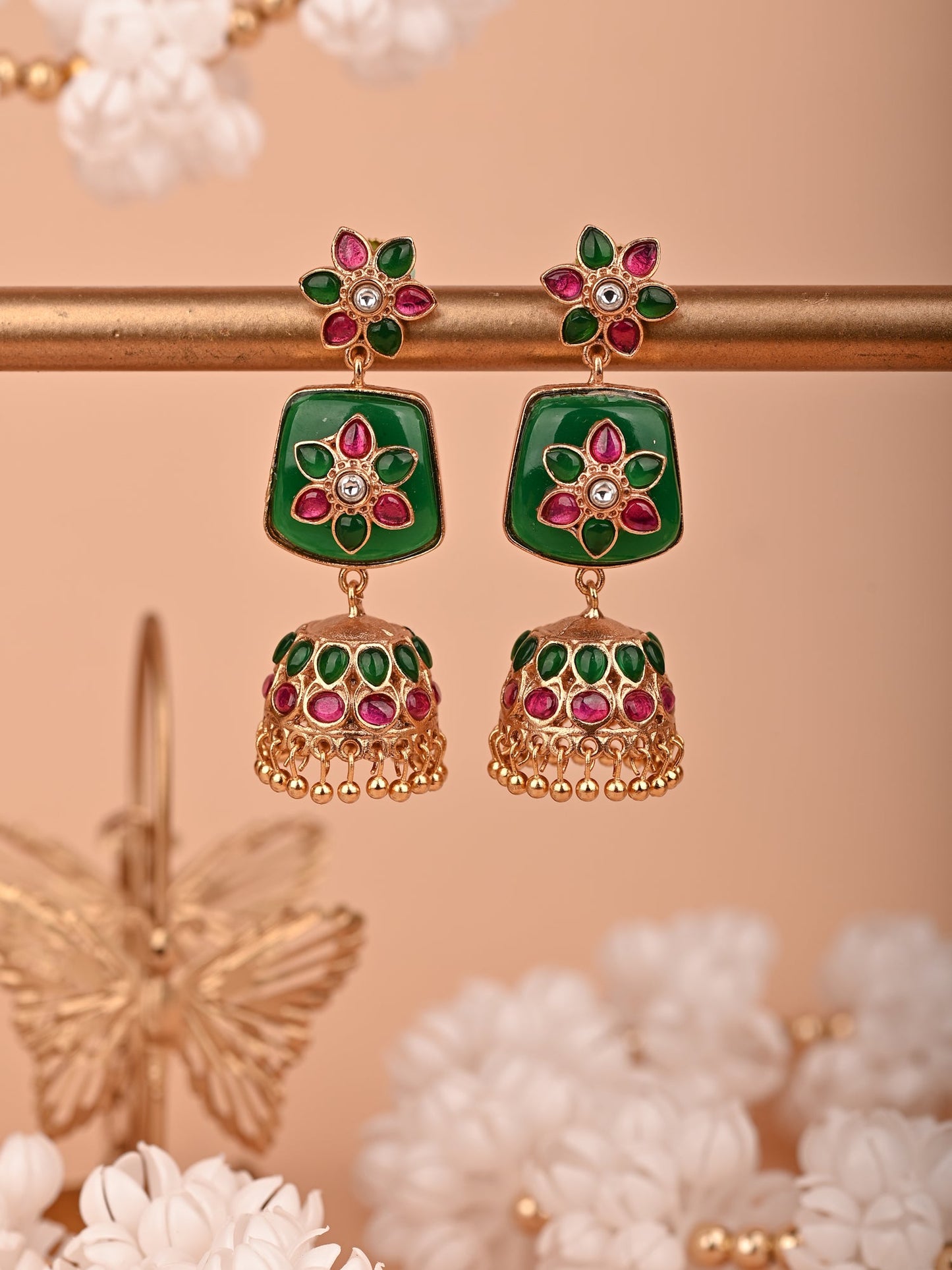 Krrystafee 18K Gold Plated Green Kundan Ruby Jhumka Earrings for Women | Traditional Indian Wedding
