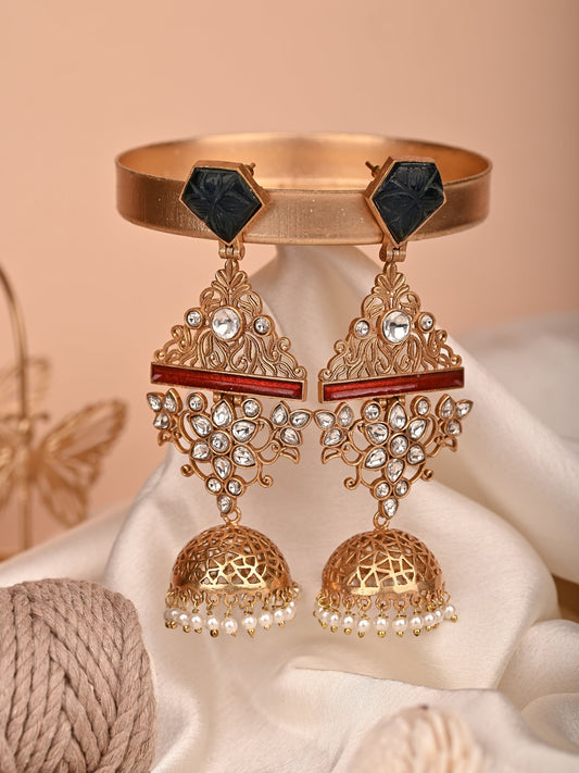 Krrystafee 18K Gold Plated Fusion Jadau Jhumka Earrings for Women | Ethnic Bridal Wedding Wear