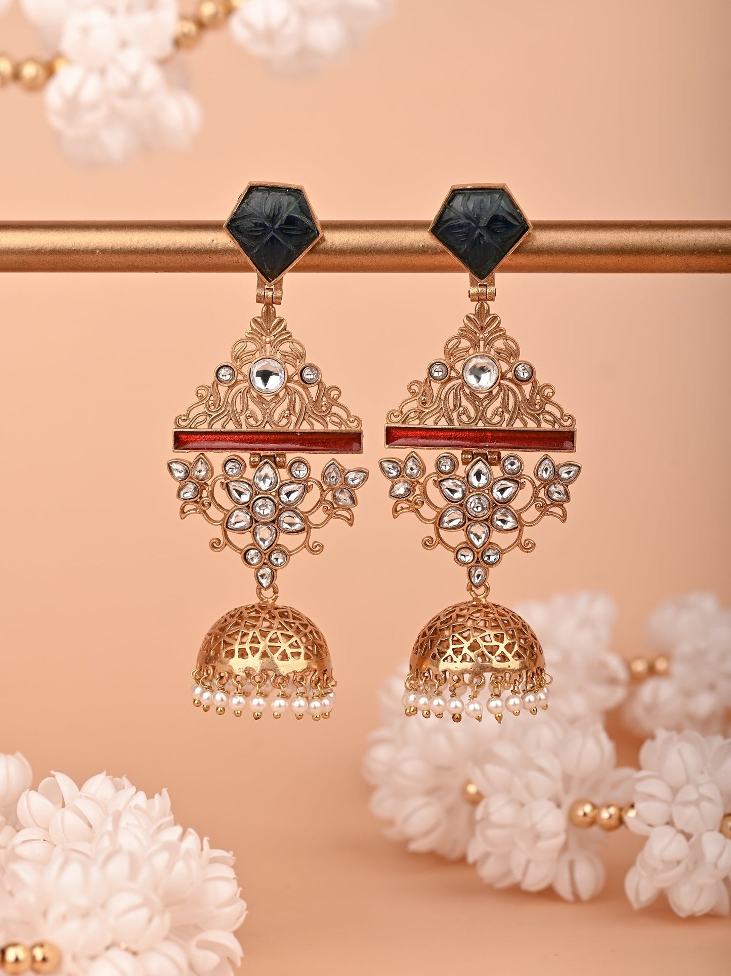 Krrystafee 18K Gold Plated Fusion Jadau Jhumka Earrings for Women | Ethnic Bridal Wedding Wear