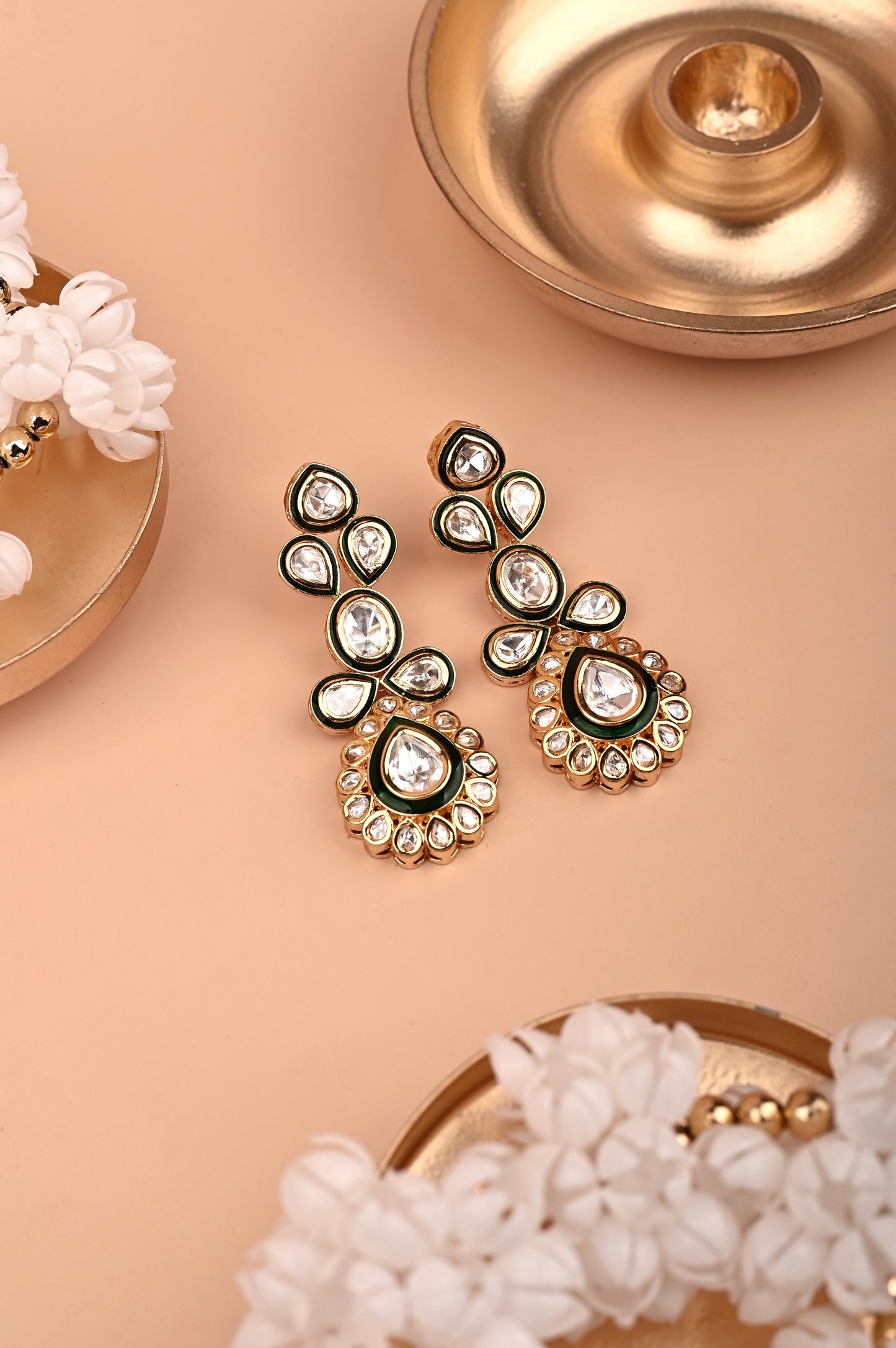Kundan Polki Earrings With Green Meena