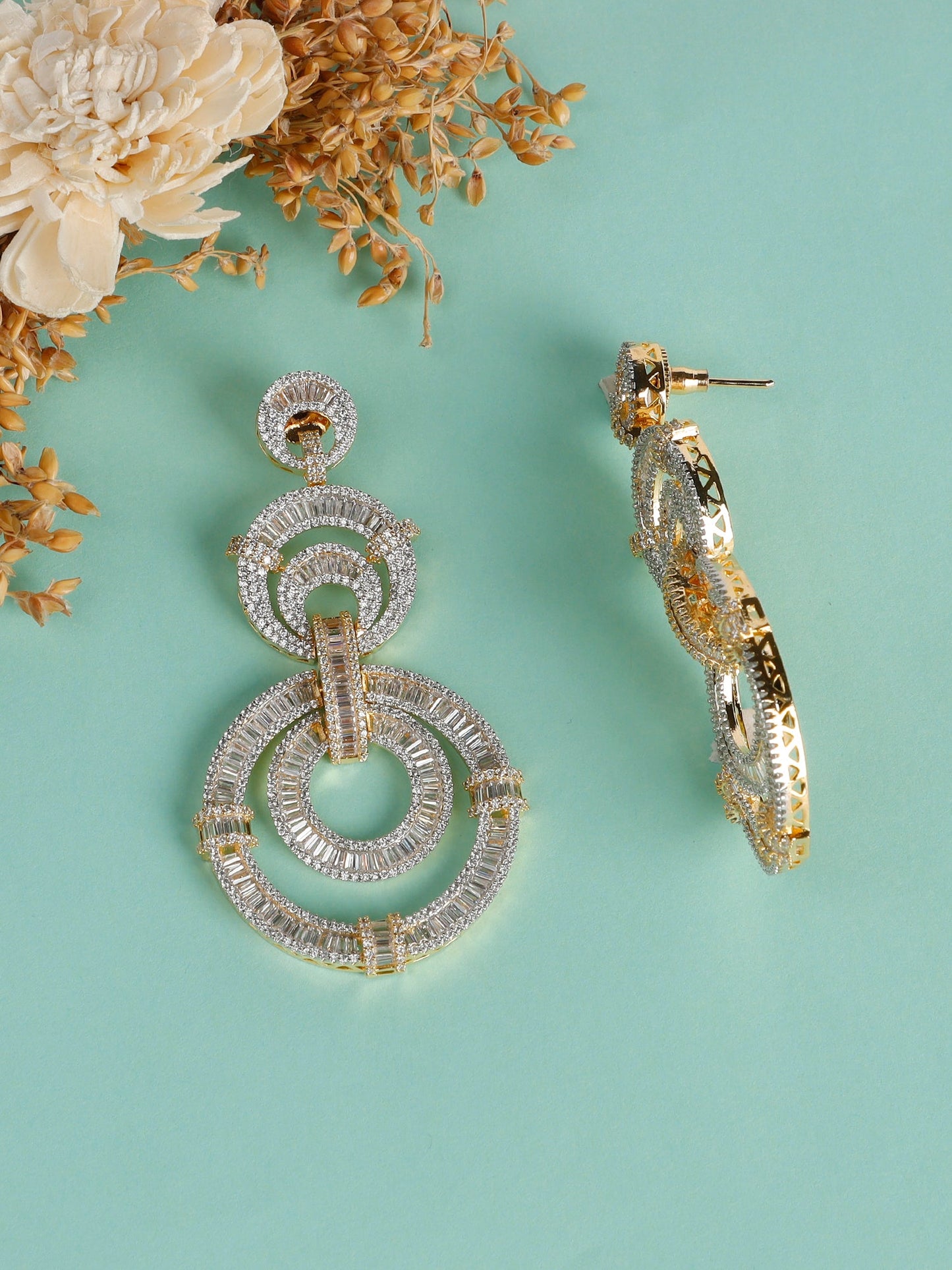 Krrystafee 18K Gold Plated CZ Diamond Dangler Earrings for Women | Bridal Wedding Wear