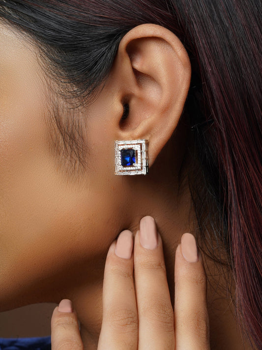 Krrystafee 18K Plated Sapphire Blue CZ Diamond Halo Stud Earrings In Silver Finish for Women | Daily Wear