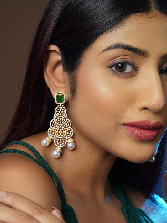 Krrystafee 18K Gold Plated Emerald Pearl Eiffel Dangler Earrings for Women | Evening Party Wear
