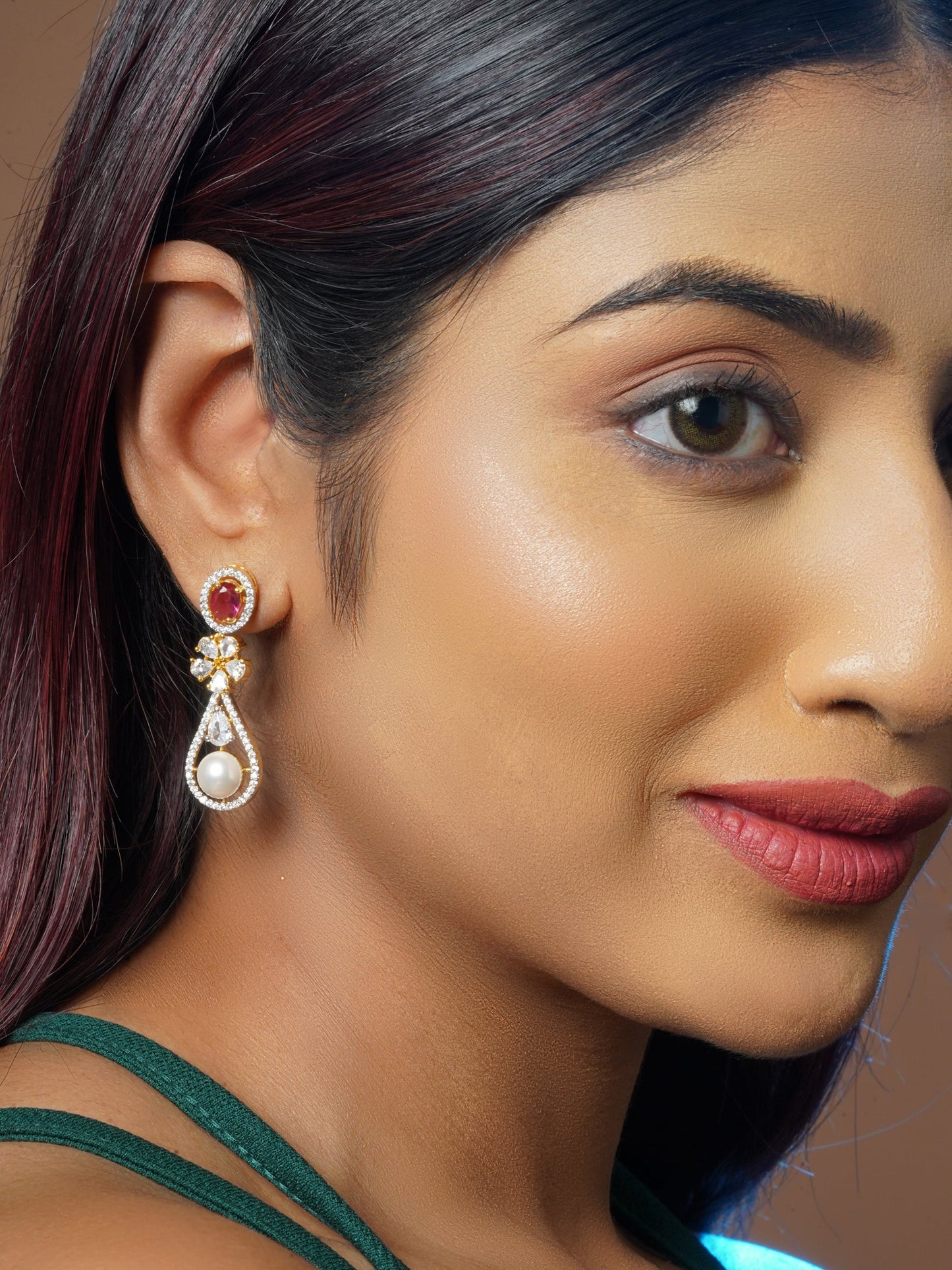 Krrystafee 18K Gold Plated Ruby Reverb CZ Diamond Earrings for Women | Festive Evening Wear