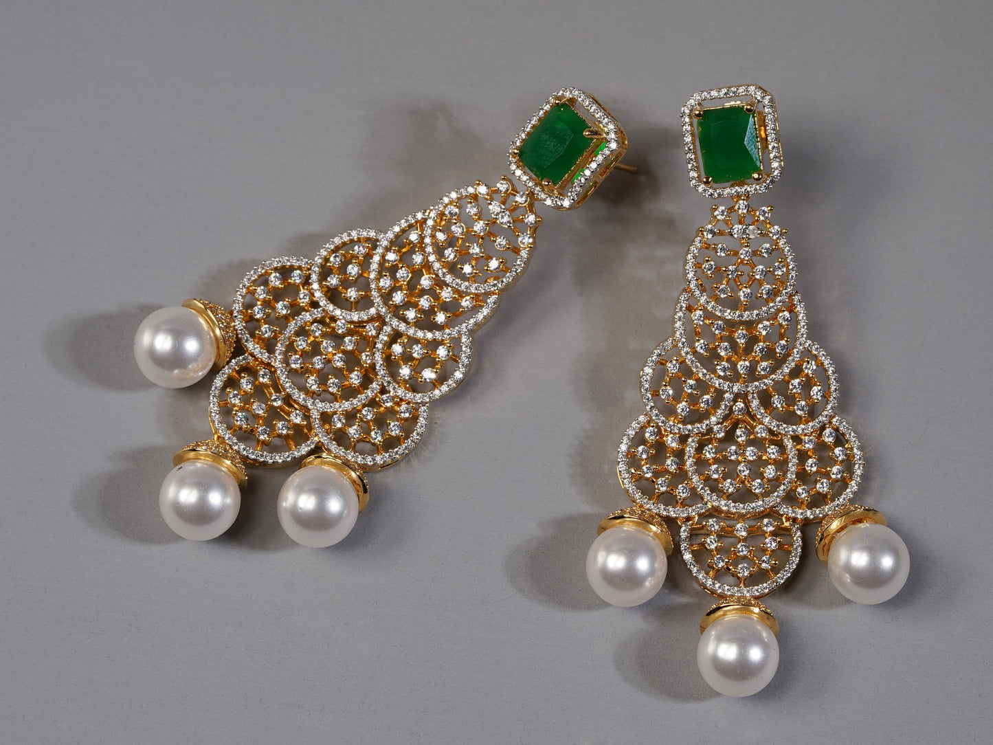 Krrystafee 18K Gold Plated Emerald Pearl Eiffel Dangler Earrings for Women | Evening Party Wear