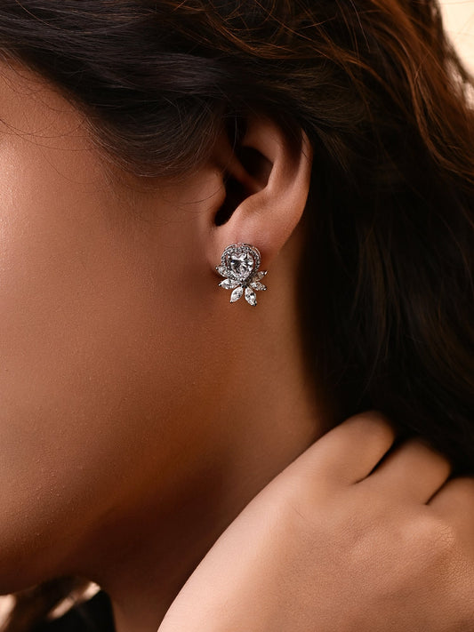 Heart Shape Swarovski Crystal Halo Stud with Accents (Rhodium Polish)