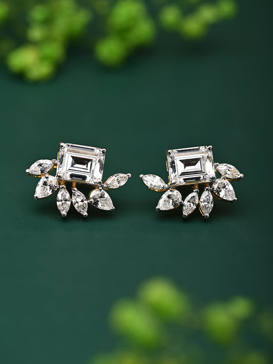 Emerald Cut Swarovski Crystal Stud with Floral Marquise Accent