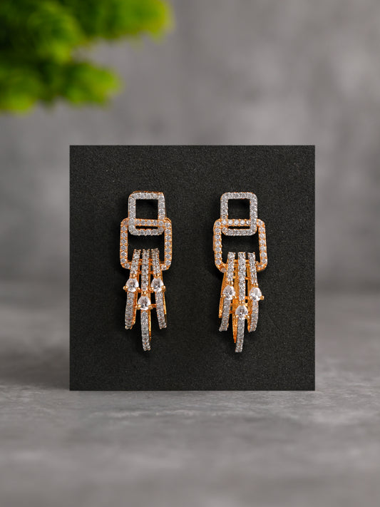 Krrystafee 18K Gold Plated Interlocking Square CZ Diamond Earrings for Women | Party Wear
