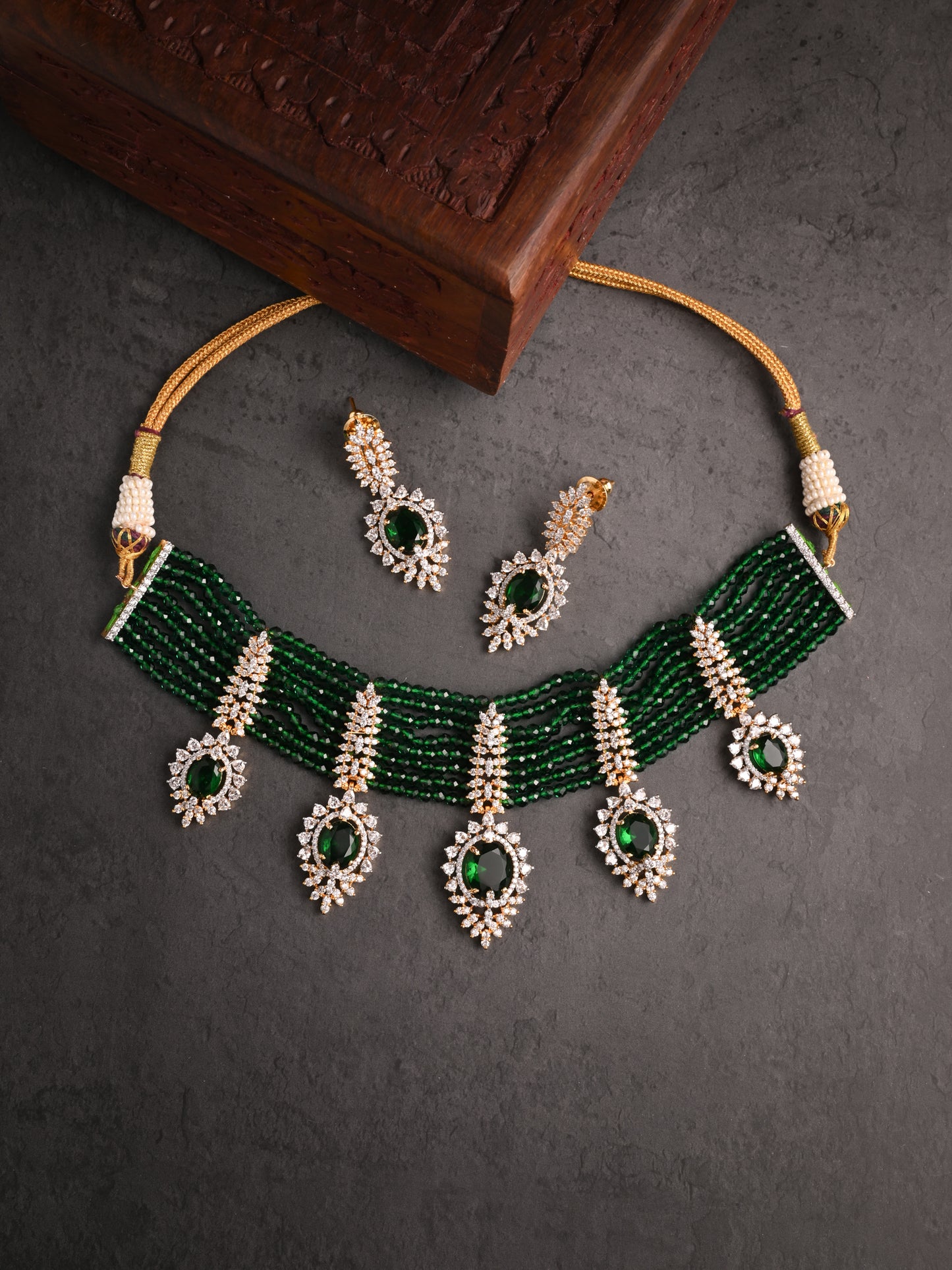 Krrystafee 18K Gold Plated Emerald Green CZ Diamond Necklace Set for Women | Bridal Wedding