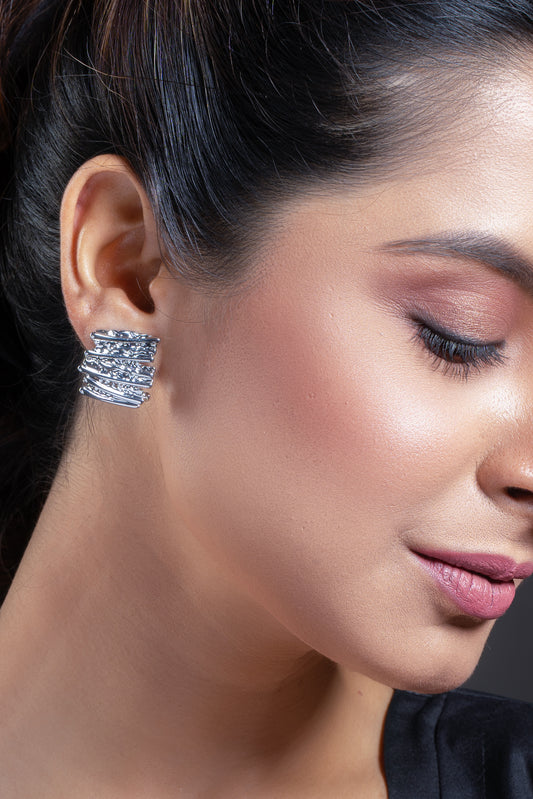 Krrystafee Silver Plated Textured Statement Earrings for Women | Modern Everyday Wear