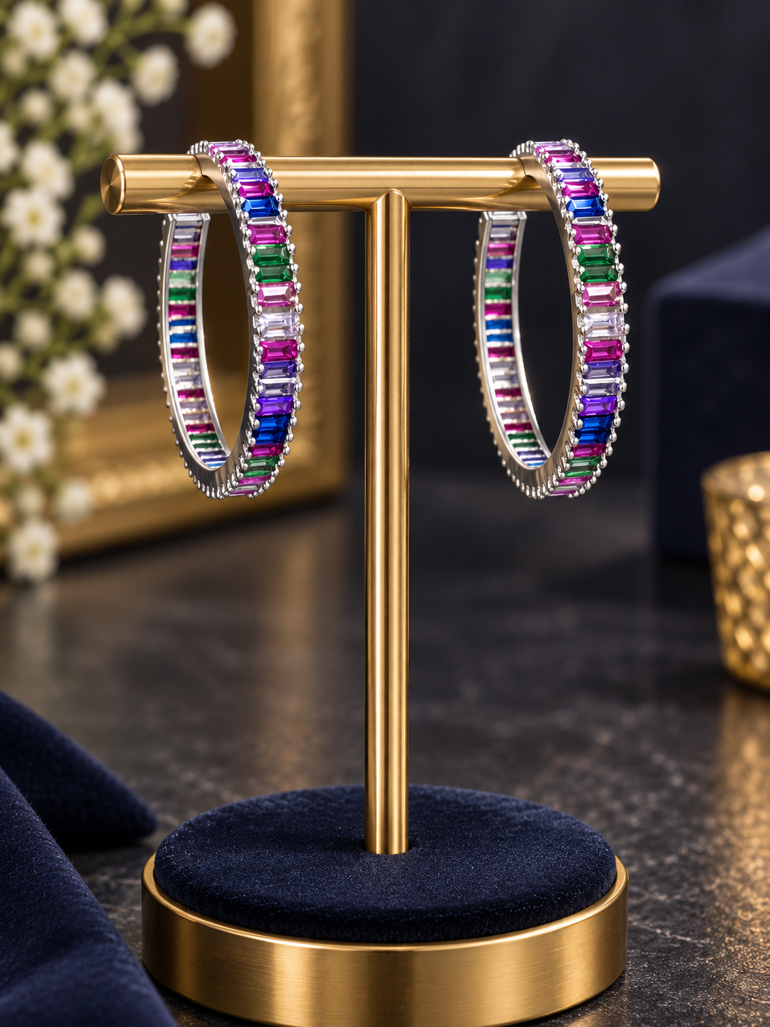 Krrystafee 18K Gold Plated Multicolour Hoops In Rhodium Finish