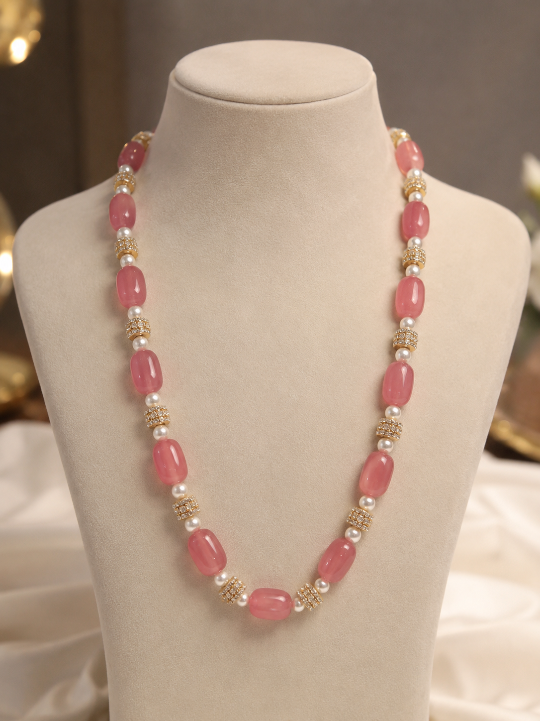 Krrystafee 18K Gold Plated Pink Zircons And Pearl Neckpiece