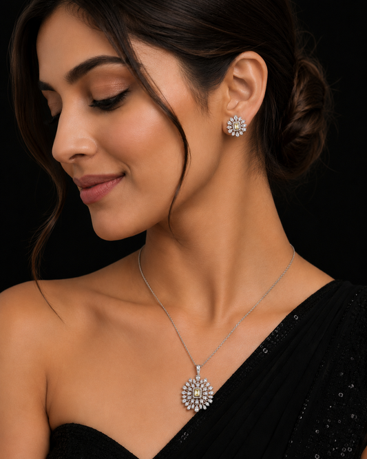 Krrystafee 18K Gold Plated Yellow Stone CZ Diamond Pendant Set In White Finish for Women | Festive Wear