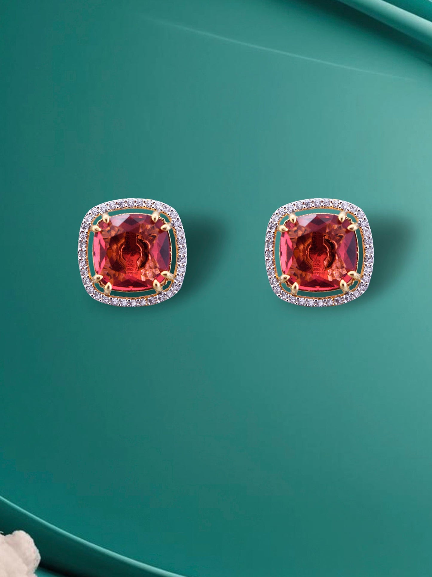 Krrystafee 18K Gold Plated Ruby CZ Diamond Halo Stud Earrings for Women | Daily Party Wear
