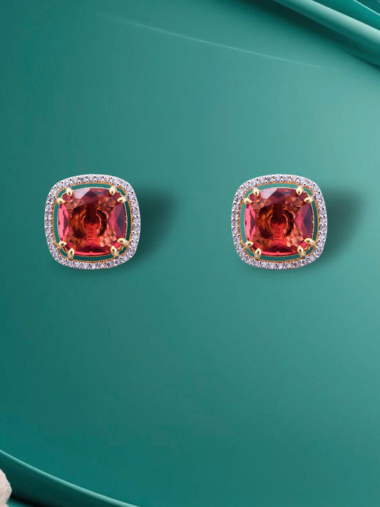 Krrystafee 18K Gold Plated Ruby CZ Diamond Halo Stud Earrings for Women | Daily Party Wear