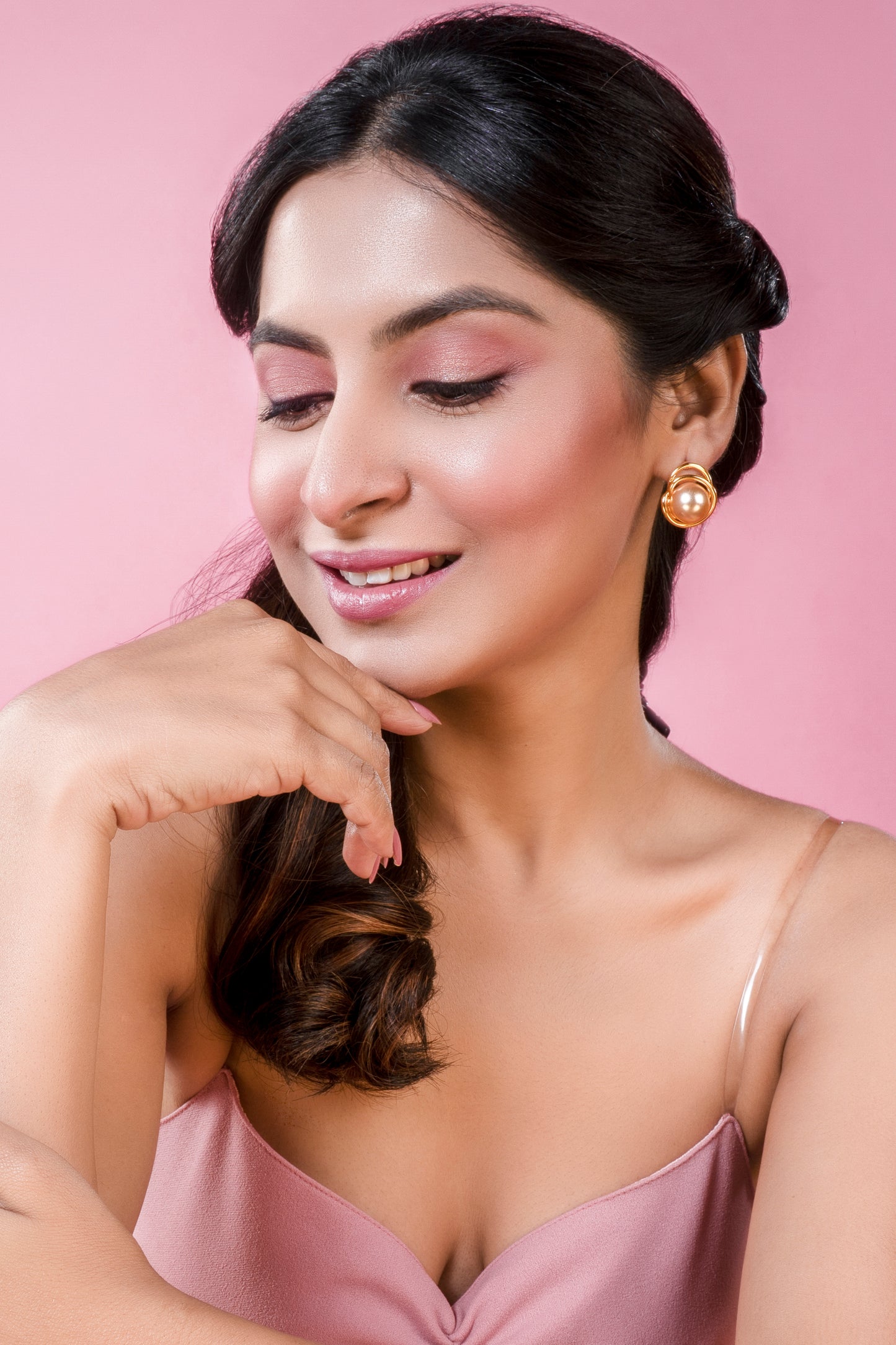 Pearl Wrapped In Golden Tread Earrings