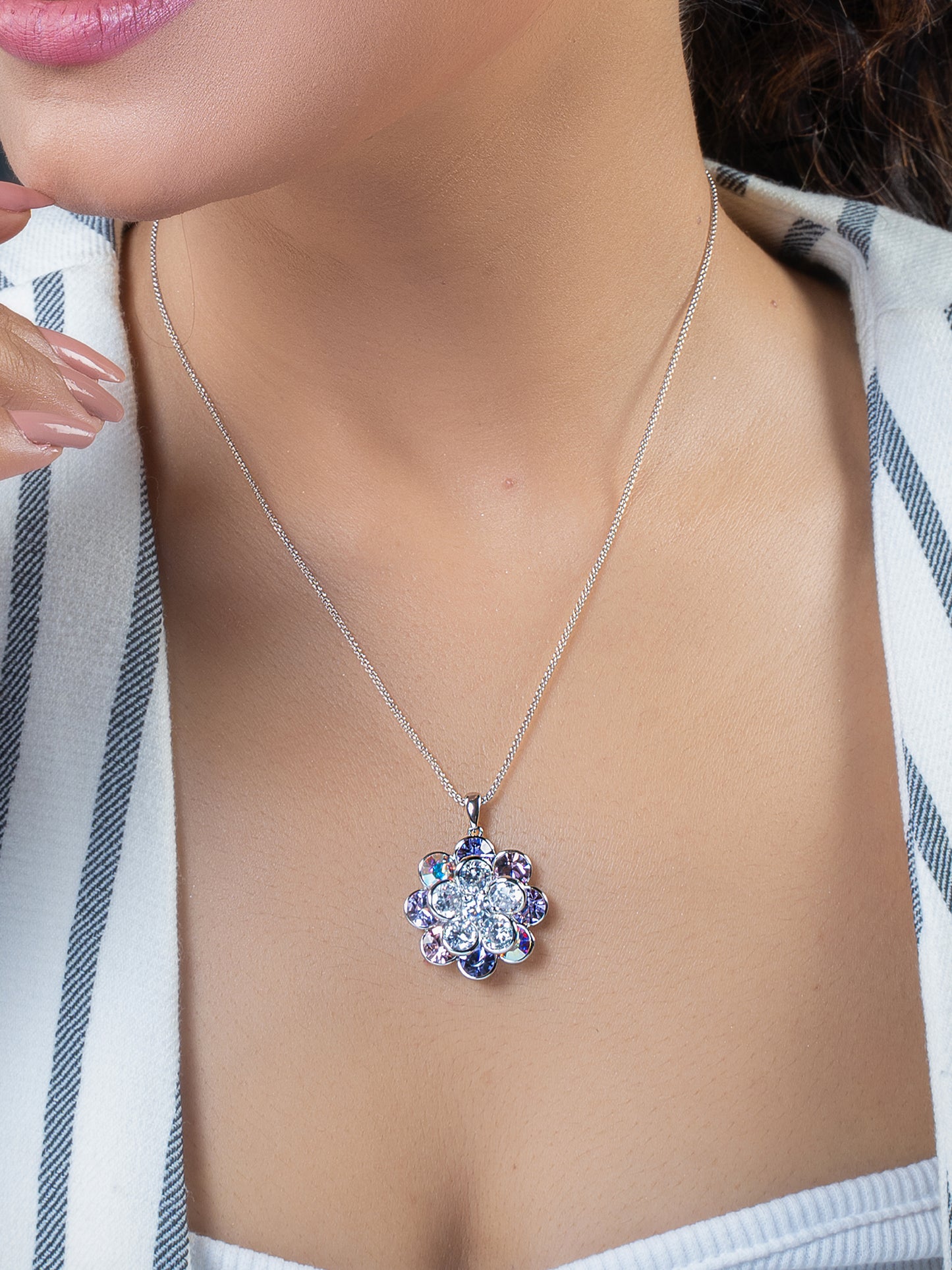 Shades Of Purple Swarovski Crystals In Rotating Flower Pendant