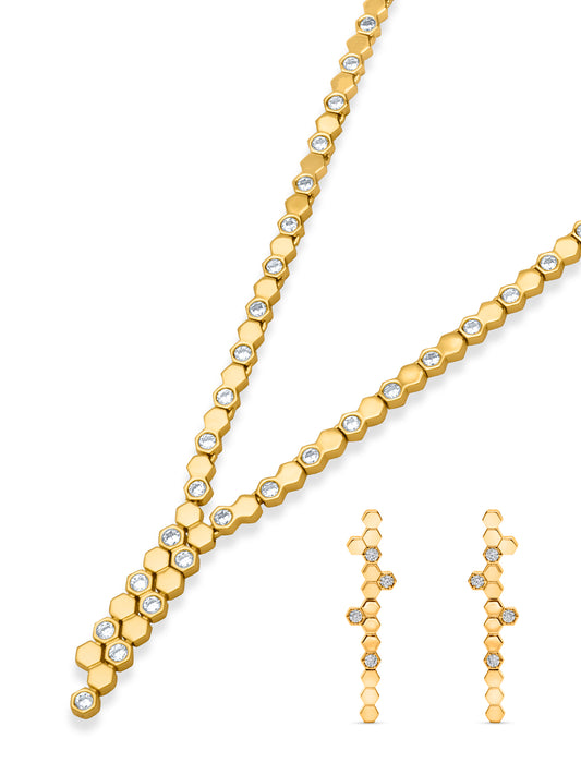 Hexa Charm Twin Drop Necklace Set- Gold